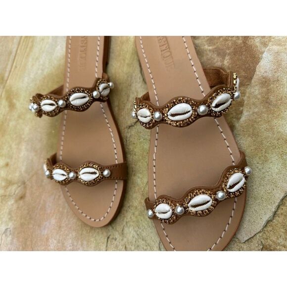 Mystique Cowrie Shells Rhinestones & Pearls Embellished Leather Sandals Size 10 - Picture 2 of 5